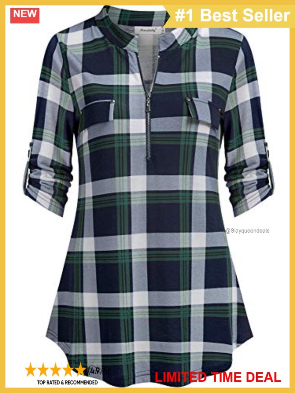 Women's Zip V-Neck Tunic Blouse 3/4 Sleeve Plaid Floral Casual Top